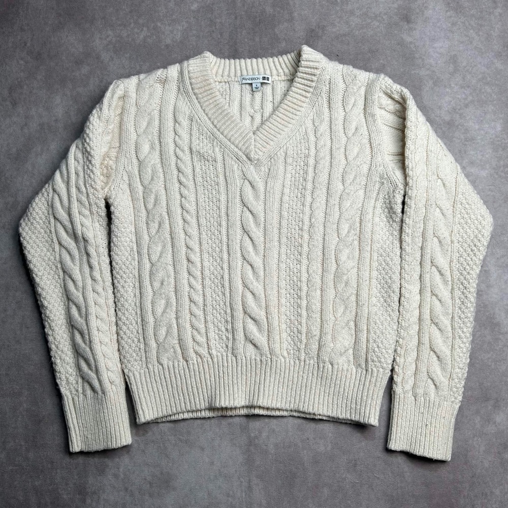 JW Anderson x Uniqlo Womens S Cream Cable Knit V-Neck Sweater Preppy Fisherman